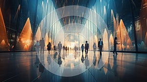 Business People walking in modern futuristic lobby, Blurred motion