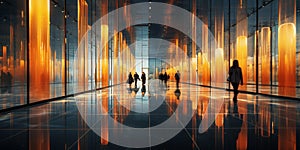 Business People walking in modern futuristic lobby, Blurred motion