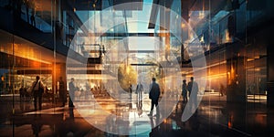 Business People walking in modern futuristic lobby, Blurred motion