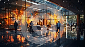 Business People walking in modern futuristic lobby, Blurred motion