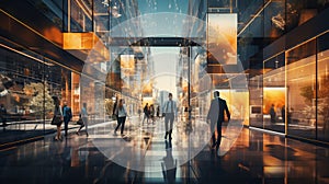 Business People walking in modern futuristic lobby, Blurred motion