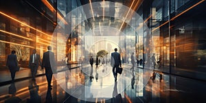 Business People walking in modern futuristic lobby, Blurred motion