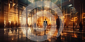 Business People walking in modern futuristic lobby, Blurred motion