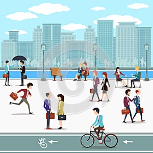 Business people walking on the street and skyline