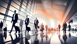 Business people walking trough airport passageway in blurred motion