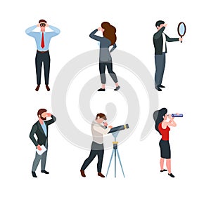 Business people watching. Characters view in telescope magnifying glass binoculars growth up successful person concept