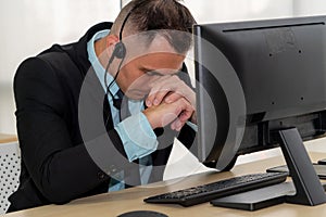 Business people wearing headset feel unhappy working in office