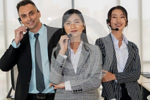 Business people wearing headset working in office