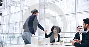 Business people, welcome and handshake in meeting at boardroom for collaboration or planning at office. Group of