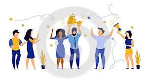 Business people winner prize customer vector illustration employee. Man and woman celebration first quality rank. Office people