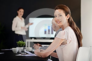 Business people, woman and portrait in presentation for data analysis with graph and financial growth of company