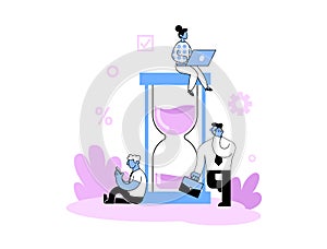 Business people working around big hourglass. Time management, deadline concept Flat vector illustration. Isolated on