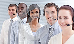 Business people working in a call center in a line