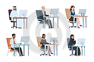 Business people working at computer. Isolated work agency persons, managers cartoon characters. Modern office man woman