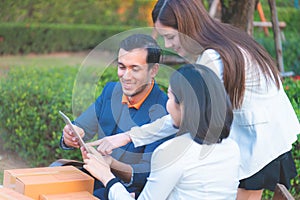 Business people working and meeting outdoor near office