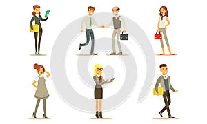 Business People Working in Office Set, Male and Female Managers or Employees Characters Metting, Talking on Phone, Going