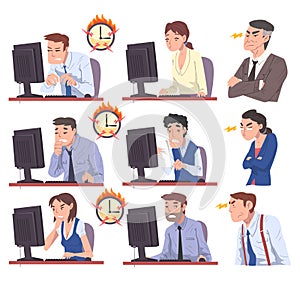 Business People Working Overtime at Deadline Set, Overloaded Office Workers Sitting at Workplace in Office in High