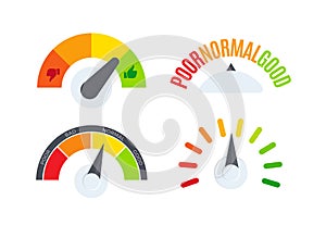 Business performance company review scale logo set. Speedometer, barometer, fuel gauge display logotype collection