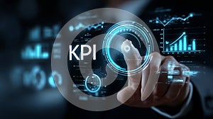Business performance KPI dashboard with futuristic digital interface and data analytics visualization