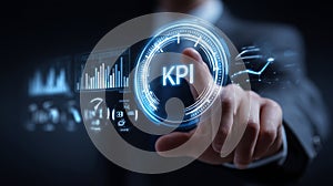 Business performance KPI dashboard with futuristic digital interface and data analytics visualization
