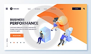 Business performance, leadership race strategy concept. People moving geometric shapes. Vector 3d isometric illustration