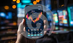 Business person analyzing financial statistics displayed on a smartphone app against the backdrop of a colorful stock market