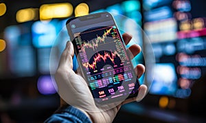 Business person analyzing financial statistics displayed on a smartphone app against the backdrop of a colorful stock market