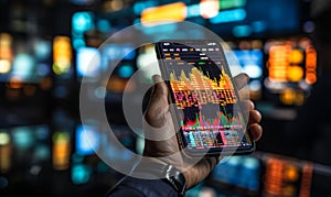 Business person analyzing financial statistics displayed on a smartphone app against the backdrop of a colorful stock market