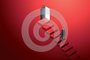 Business person climbing on concrete ledder at door black on wall red up path ladder to goal success. illustration Vector