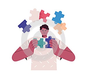 Business person finding idea and opportunity. Man connecting puzzle, jigsaw pieces, solving problem. Creative solution