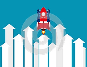 Business person flying with rocket growing up arrows. Concept business vector, Team, Partner