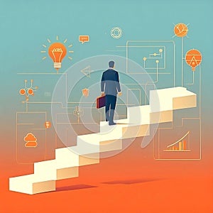 business person with graph minimalistic art for successful businessman on success steps isolated background
