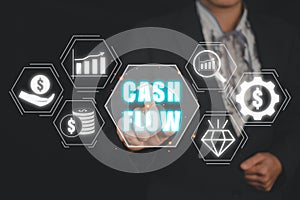 Business person hand select cash flow icon on virtual screen