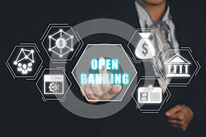 Business person hand touching open banking icon on virtual screen