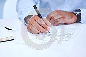 Business person, hands and signature with pen for contract, recruitment or onboarding or employee. Hr manger or employer