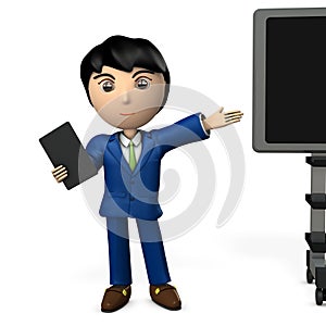 A business person holding a tablet device and giving a presentation using a digital display. He is wearing a dark blue suit and