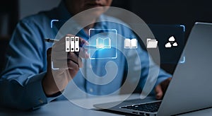 Business person interacting with digital document management system for efficient workflow and organization