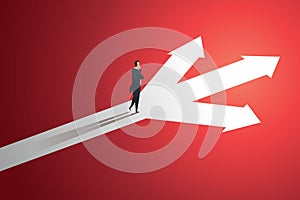 Business person looks at arrow up path three way  to goal success. illustration Vector