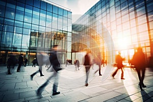 business person Moving crowd motion blurred background. Hand edited generative AI.