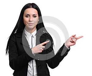 Business person pointing finger at blank area