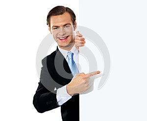 Business person pointing towards blank signboard