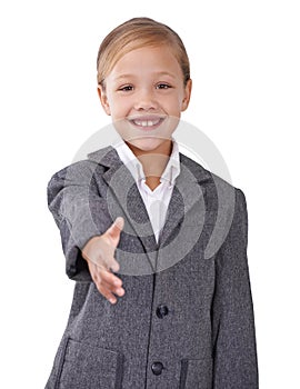 Business person, portrait and child handshake offer in studio, interview and pretend hr manager. Female person