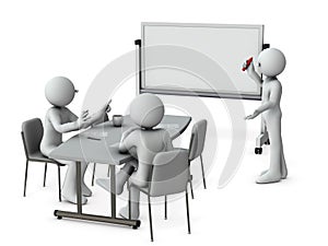A business person presenting a strategy in front of a white board.
