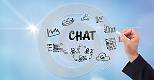 Business person's hand drawing chat icons