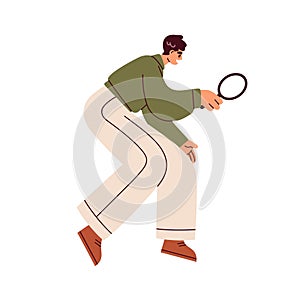 Business person searching, looking through magnifying glass, magnifier. Man examining, checking, studying, exploring