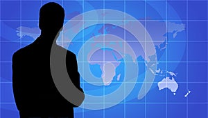 Business Person Silhouette, World Map Background