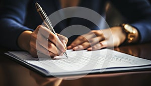 Business person sitting at desk, signing important document with pen generated by AI