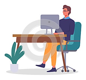 Business person sitting at table in office and working, businessman using computer looking at screen