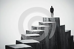 Business person at the top of a set of stairs. Climbing up a career ladder