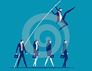 Business person uses pole vault to jump companion to reach the goal. Business advantages and skill vector illustration.